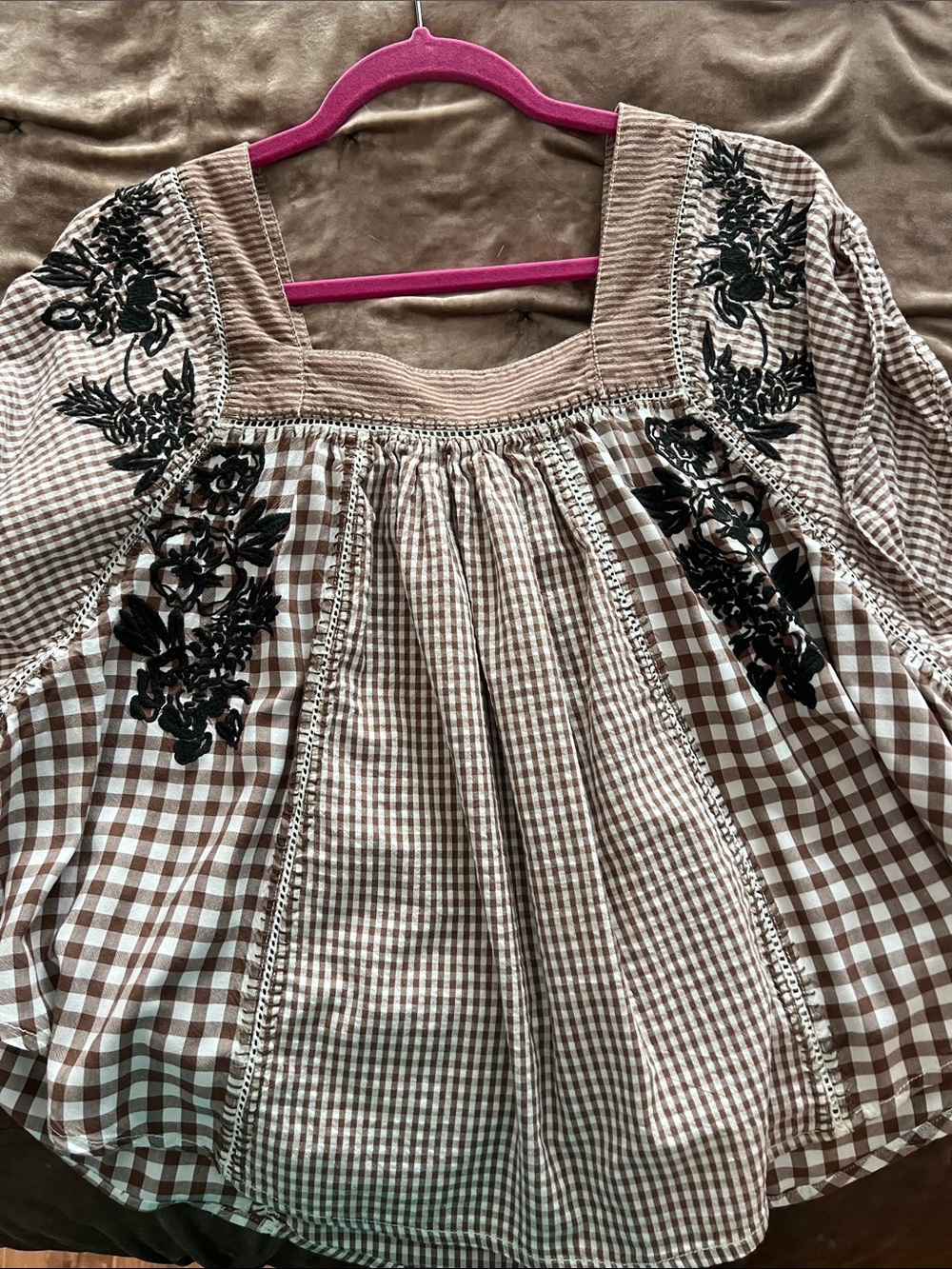 Free People Brown Gingham Embroidered Peasant Top